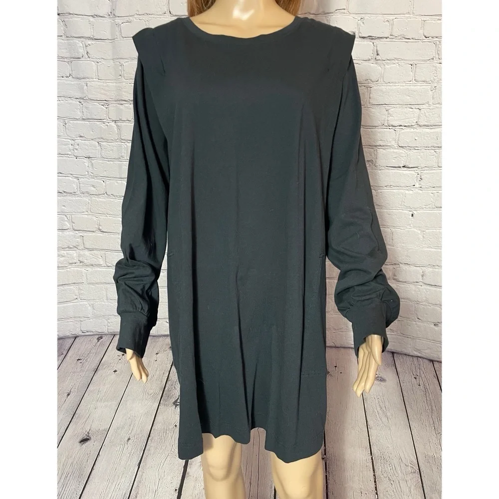 New Free People Beach Black Cotton Long Sleeve T-Shirt Tunic Dress Size M